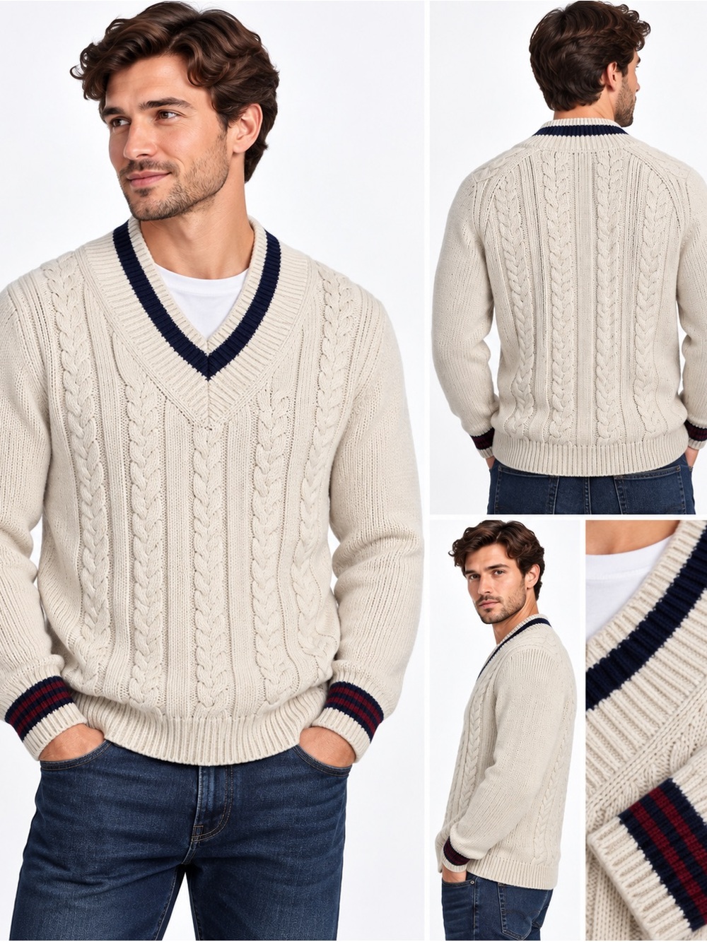 J.Crew Re-Imagined Heritage Cotton Cable Knit Cricket Sweater Ivory Sz L